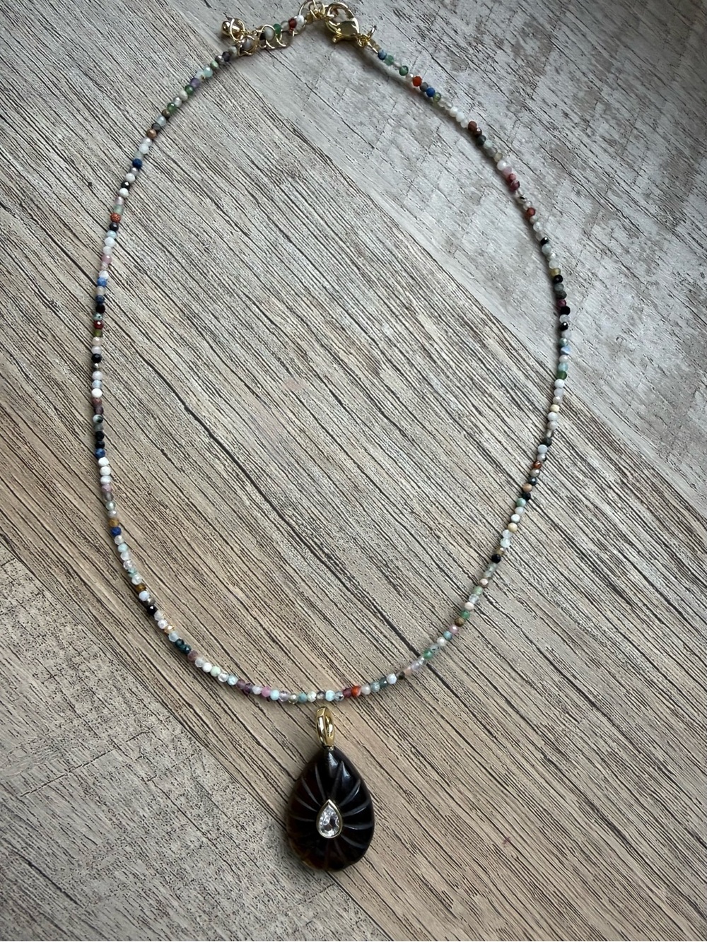 Adina Eden Multicolor Beaded Necklace with Genuine Tiger Eye Teardrop Pendant